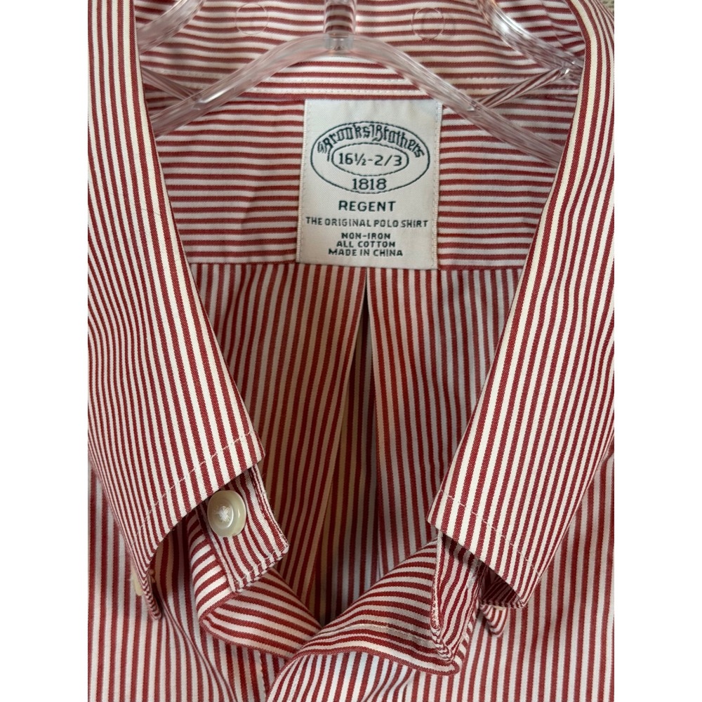 Brooks Brothers 1818 Regent Dress Shirt Men 16.5 32/33 Red White Stripe Non-Iron